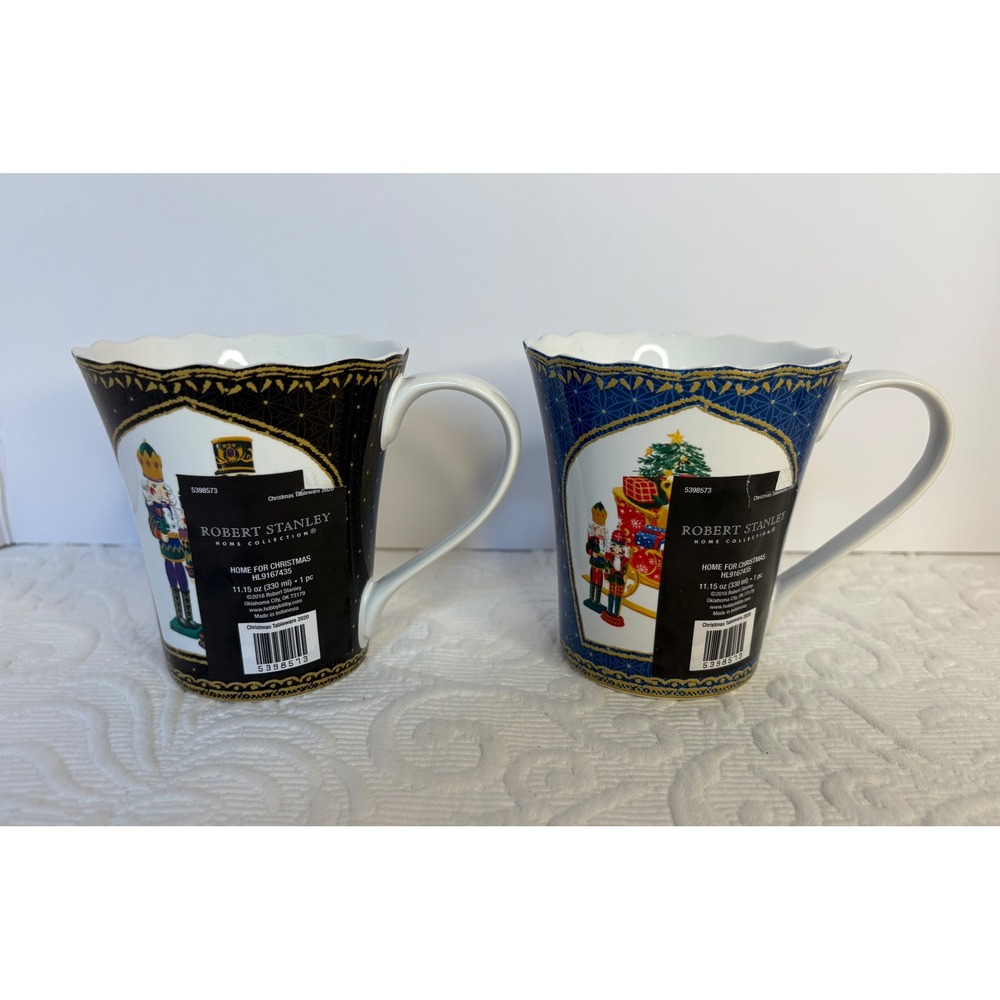 Robert Stanley Home Collection Christmas Black Nutcracker/Blue Sleigh Mug Set